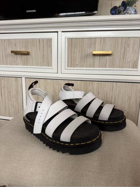 Dr. Martens Shoes - White Strappy Platform Sandals with Yellow Stitching
